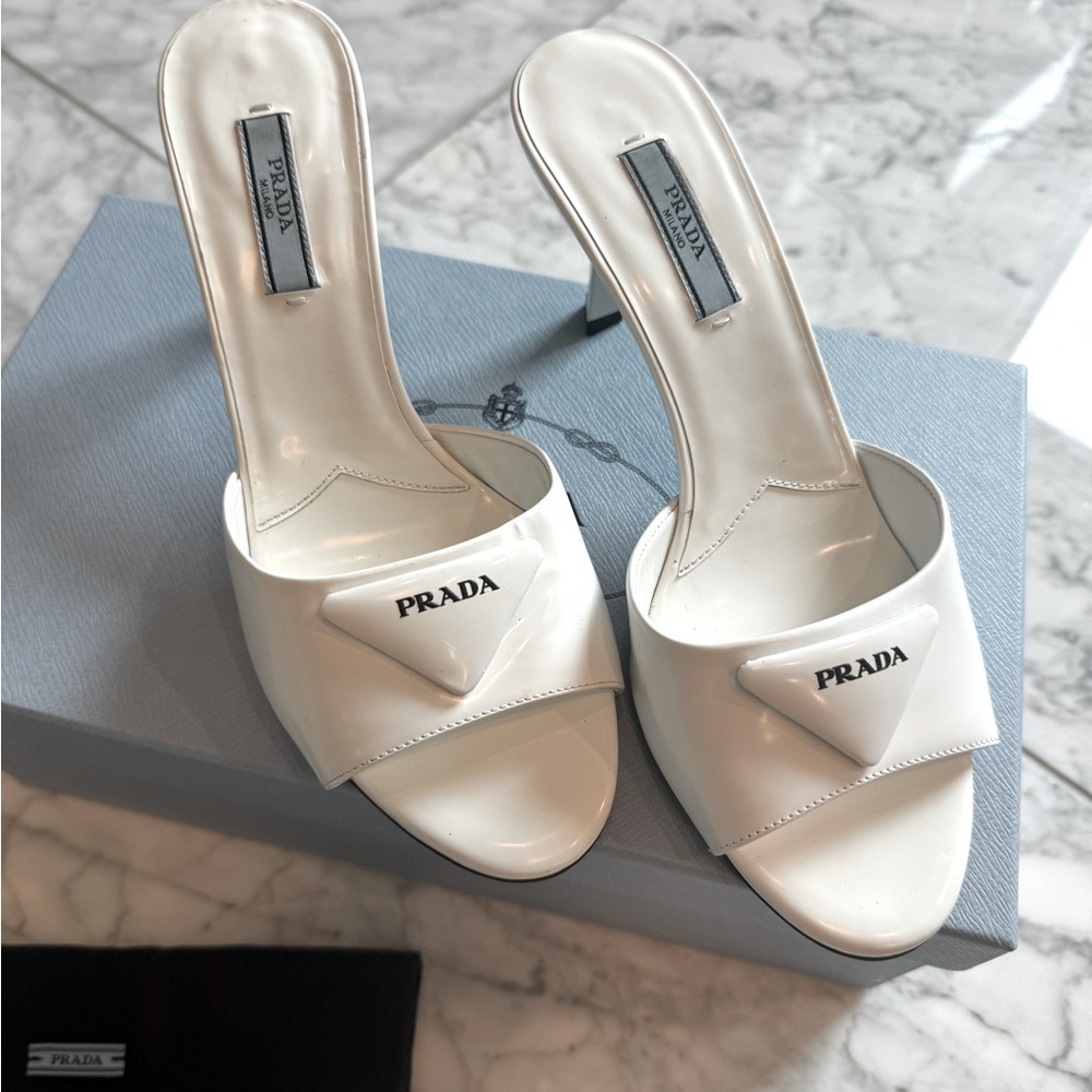 Prada Logo Leather Mule Sandals- white